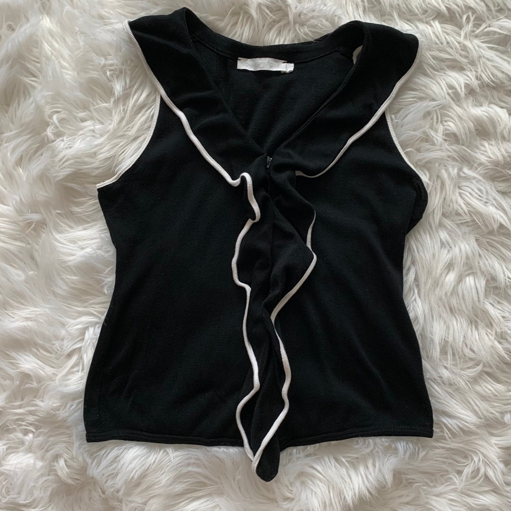 ANNE FONTAINE Cotton Ruffle Front, Black with White Trim Sleeveless Zip-Up Top